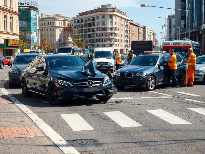 Авария между Mercedes-Benz и BMW на пешеходном переходе