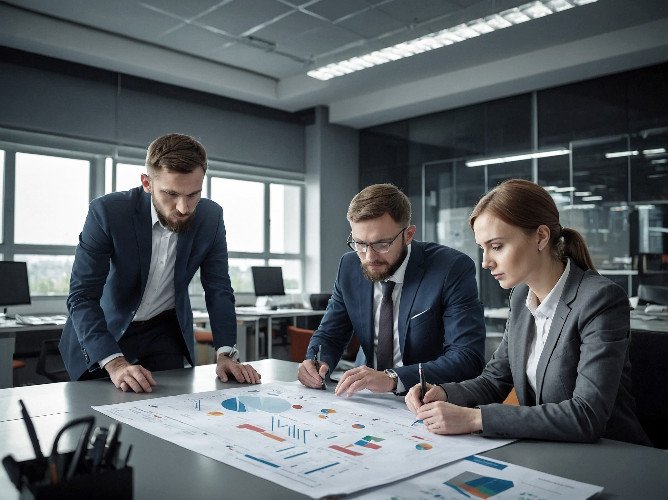 Сотрудники в офисе работают над отчётом