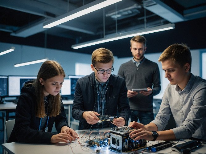 Айтишники работают в офисе IT-компании над созданием нового высокотехнологического гаджета