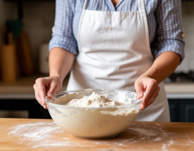 Хозяйка замешивает тесто
