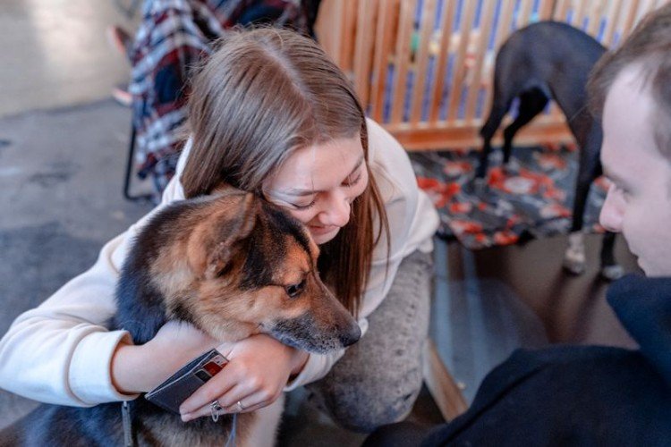 Девушка обнимает собаку за шею