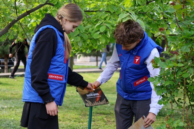 Дети устанавливают таблички в Липовой аллее