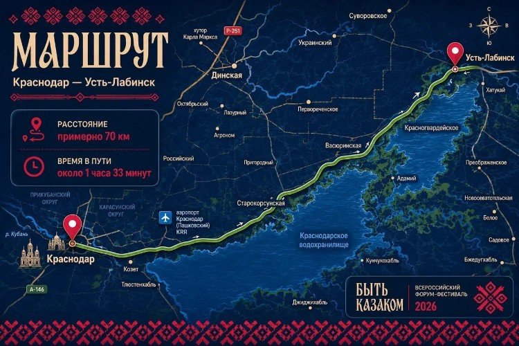 Схема маршрута Краснодар - Усть-Лабинск