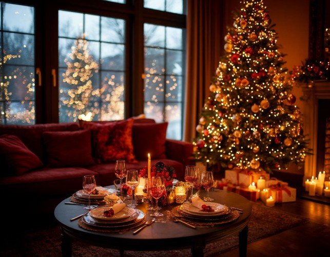 Украшенная комната и новогодний стол