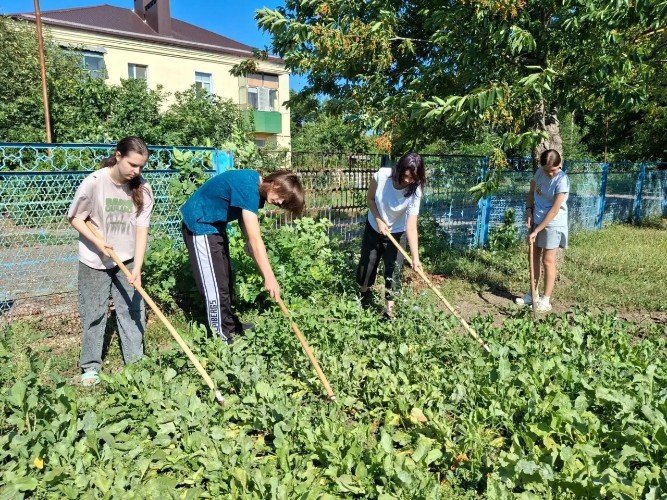 Ребята из школы № 3 на прополке
