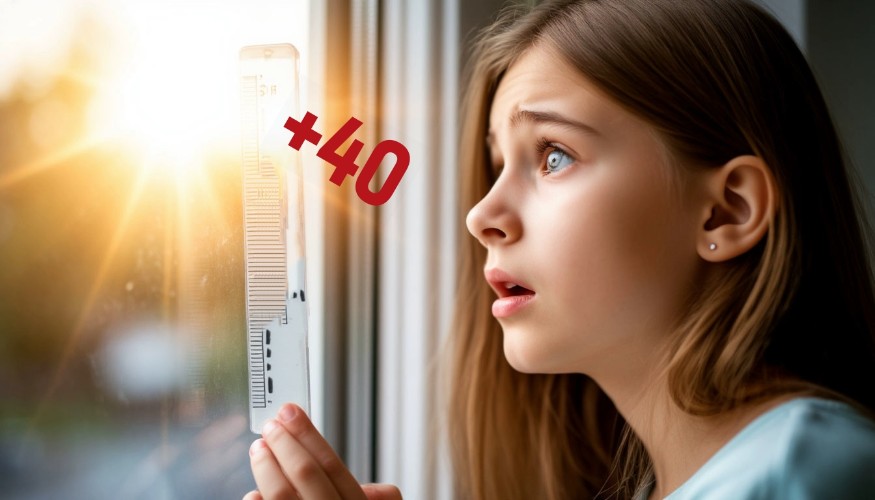 девушка смотрит на солнце, на градуснике +40
