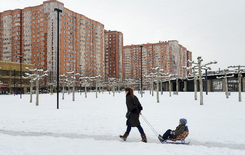 Женщина и ребёнок на санках в парке