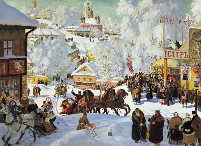 Репродукция картины «Масленичное катание», Б. Кустодиев