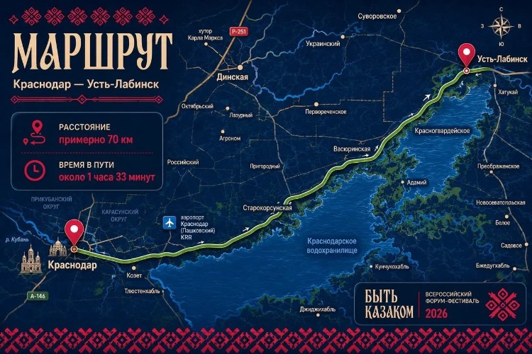 Схема маршрута Краснодар - Усть-Лабинск